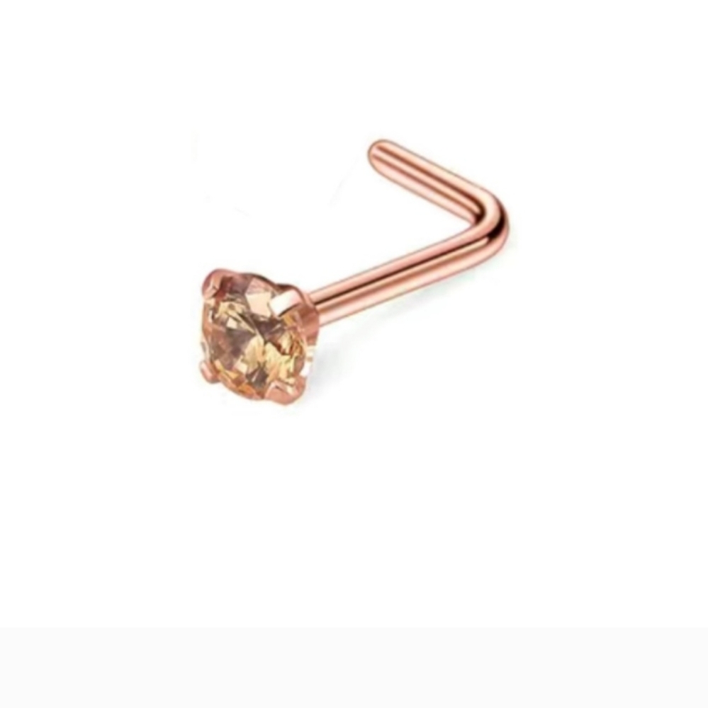 NIP Rose Gold CZ L Shaped Nose Ring. Hypoallergenic Post. Pink Rinestone. 2.5 mm